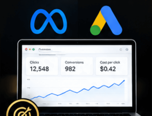 Ads dashboard on a laptop with Meta and Google Ads